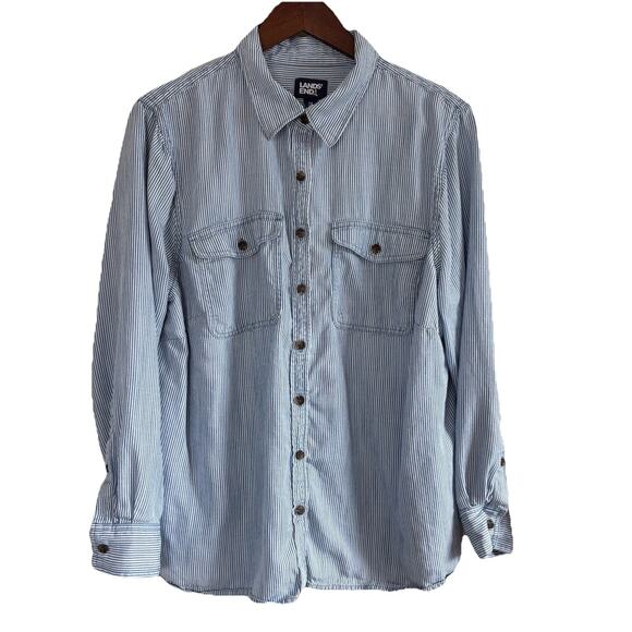 Lands’ End Women’s Blue & White Stripe Button Down Shirt 100% Lyocell Size 1X - Picture 2 of 11